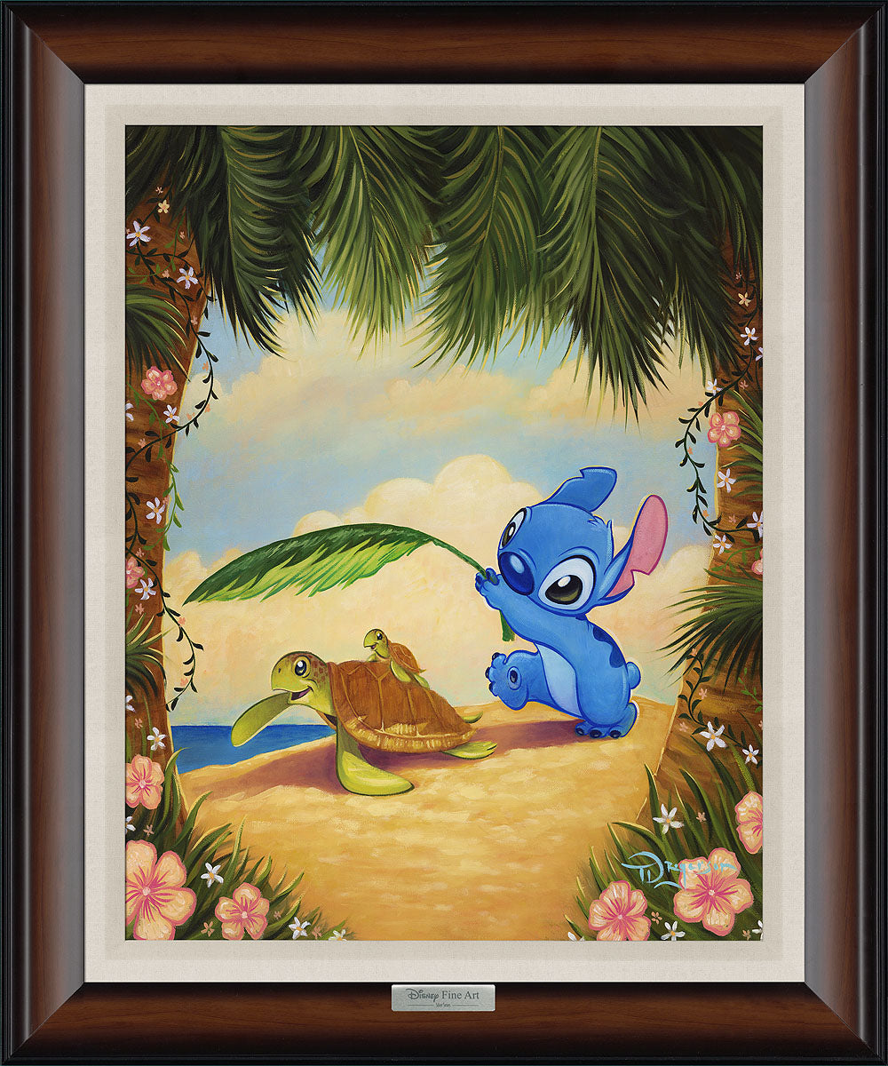 Stitch is providing shade with a large green leaf for a mother turtle, and its baby at the beach.