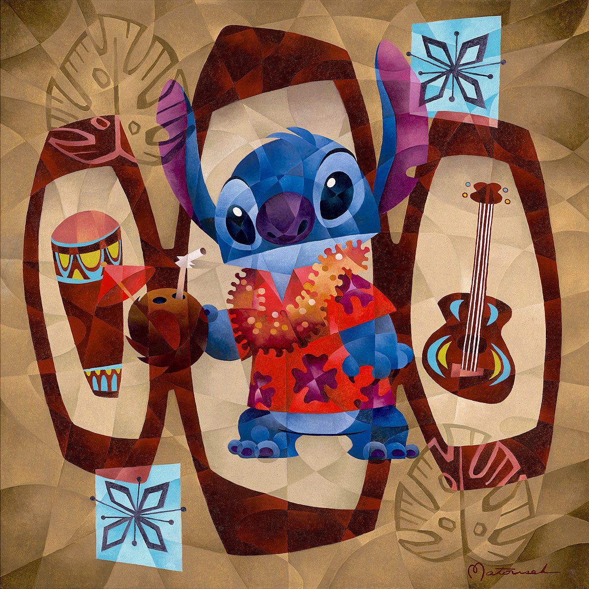 Stitch in his Hawaiian shirt, guitar and bongo drums.
