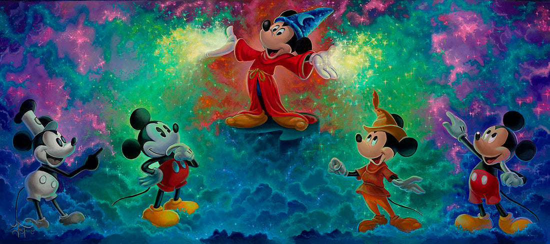 Features - Mickey in his favorite and most famous roles as Steamboat Willie, Robinhood, and the most magical of all, The Sorcerer. All are depicted In these beautiful waves of colors presentation.