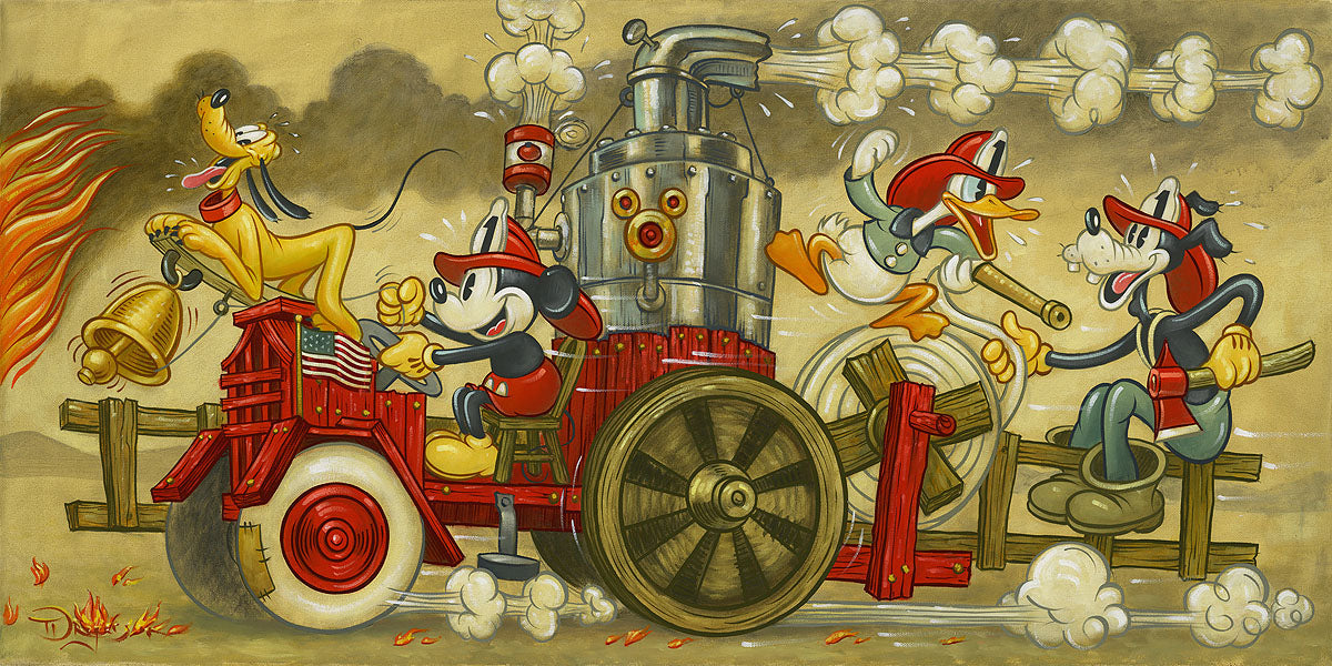 Firemen Mickey and friends are off to save the day in a vintage steam powered fire truck, with Pluto at the helm leading the brigade as he rings the bell.