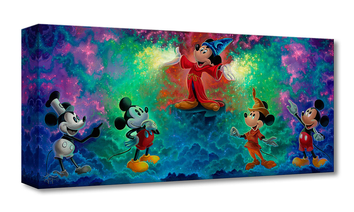 Features - Mickey in his favorite and most popular roles as Steamboat Willie, Robinhood, and the most magical of all The Sorcerer. All are depicted In these beautiful waves of colors presentation.  Artwork inspired by Disney's " It all started with a Mouse" - Mickey Mouse by Walter Disney  - animator,