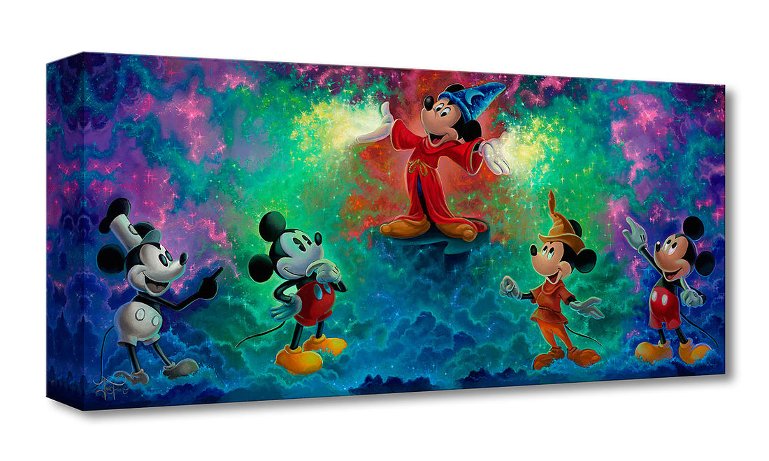 Features - Mickey in his favorite and most popular roles as Steamboat Willie, Robinhood, and the most magical of all The Sorcerer. All are depicted In these beautiful waves of colors presentation.  Artwork inspired by Disney&