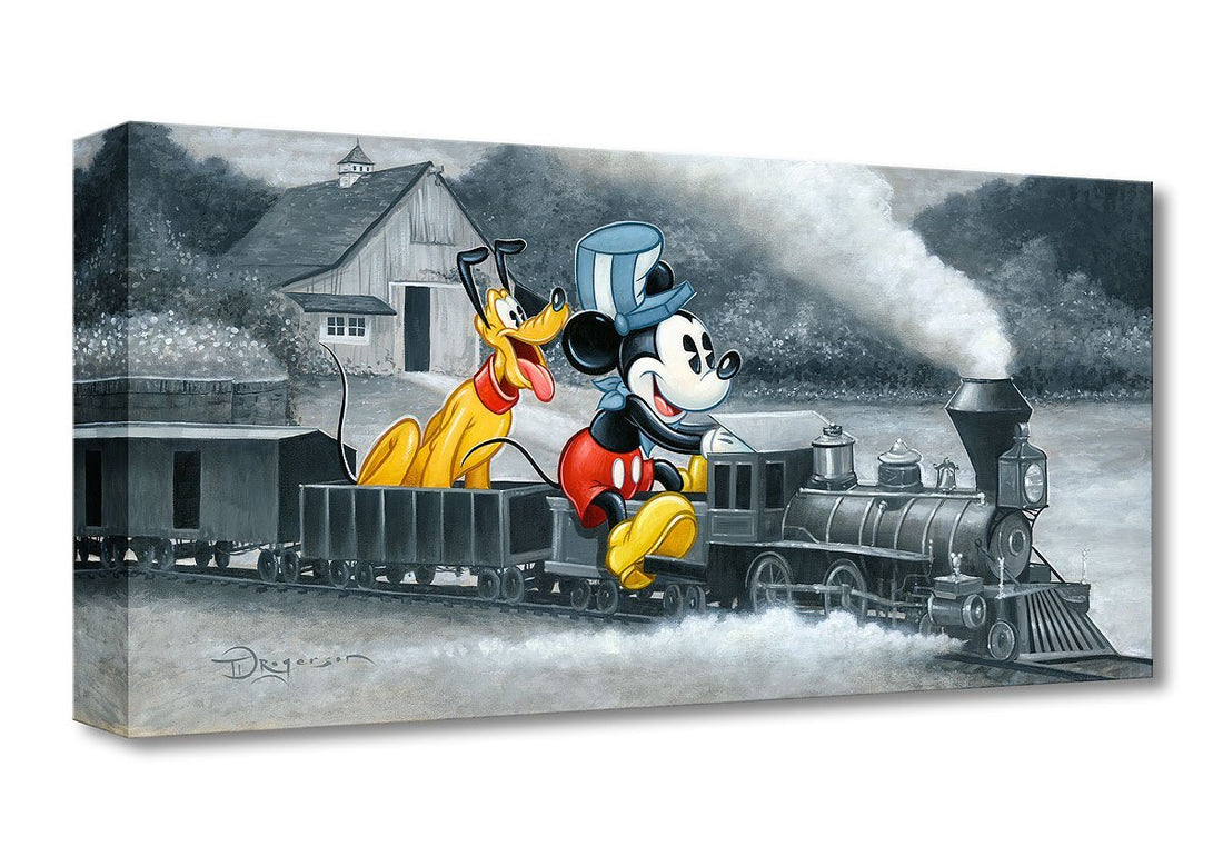 Mickey and Pluto riding an old locomotive train.