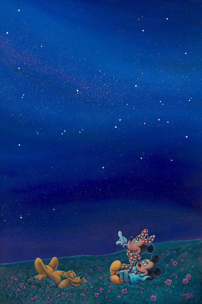 Minnie points up to the Milky Way, while Mickey enjoys the view, while Pluto slumbers quietly under the evening stars.