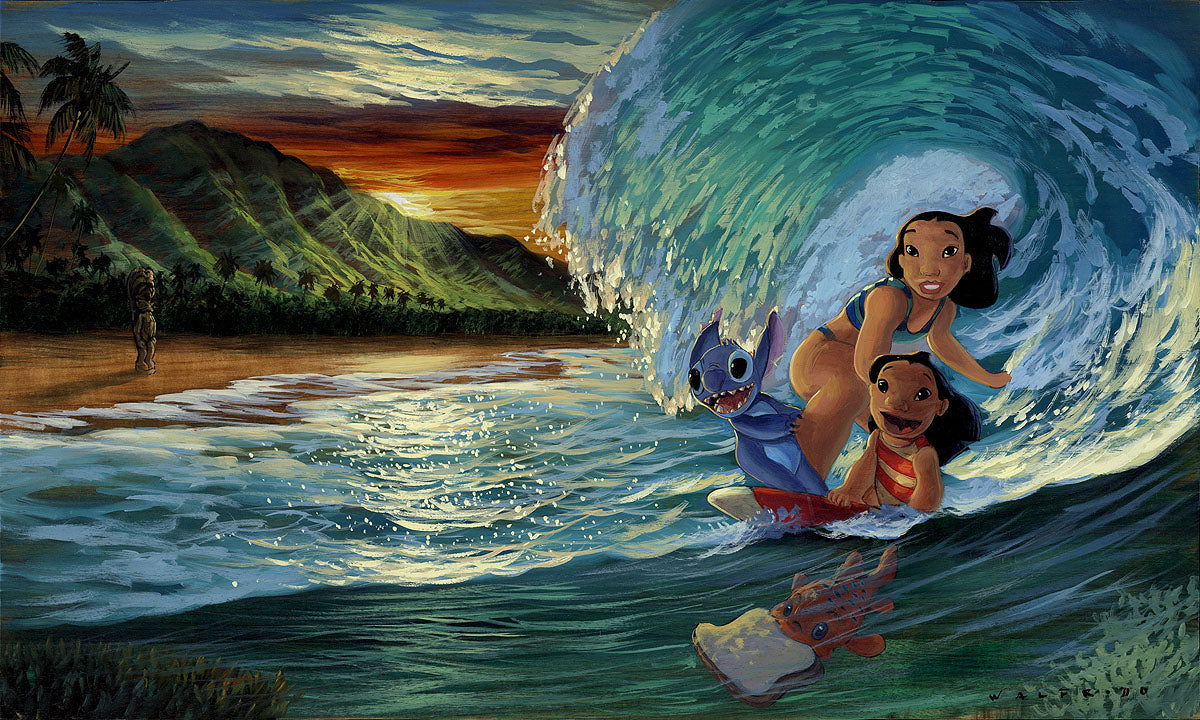 Lilo, Stitch and friend enjoy a morning ride on their surf board.