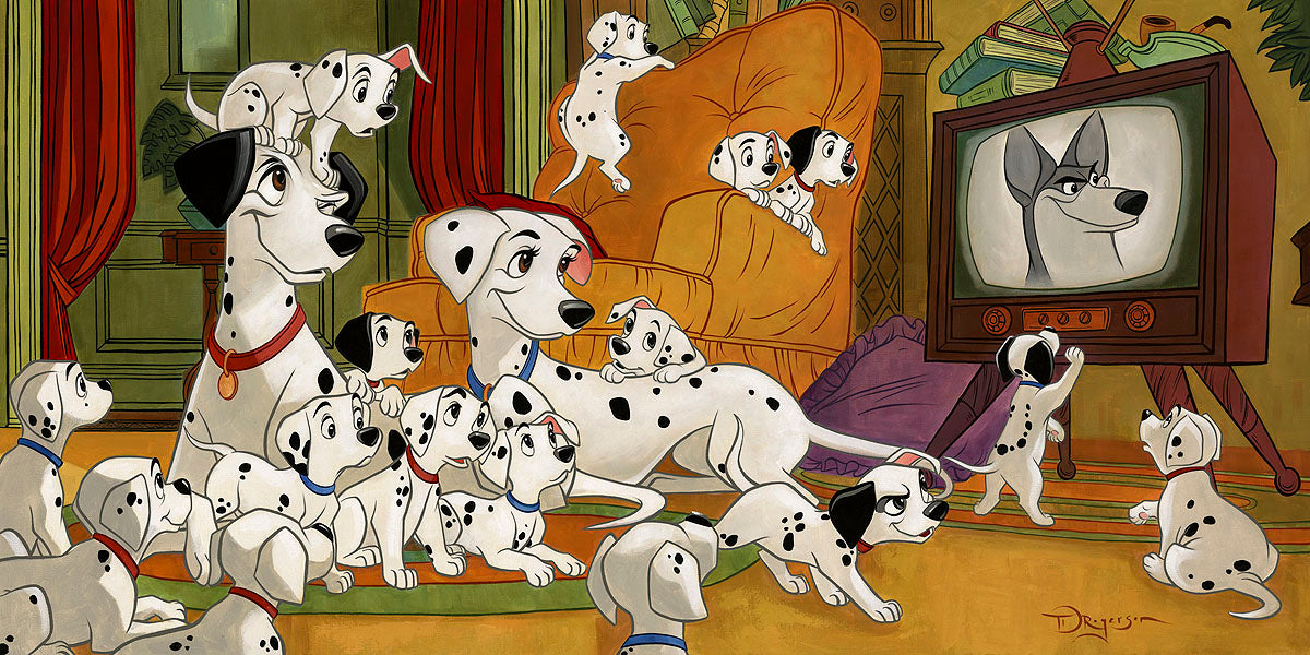 Movie Night by Tim Rogerson  Pongo and Perdita enjoying a movie night with their puppies. 