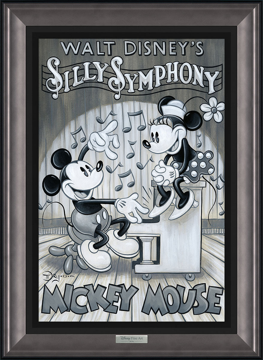 Mickey plays the tune of "Silly Symphony" as Daisy sits on top of the piano and cheers him on.