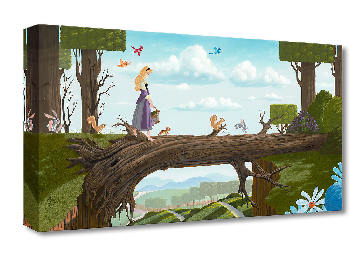 The Natural Bridge By Michael Provenza  Princess Aurora is out on a morning stroll crossing a  wooden fallen tree log, with her forest friends.  Inspired by Walt Disney's  1959 movie film-Sleeping Beauty is based on a storybook fairy- tale.