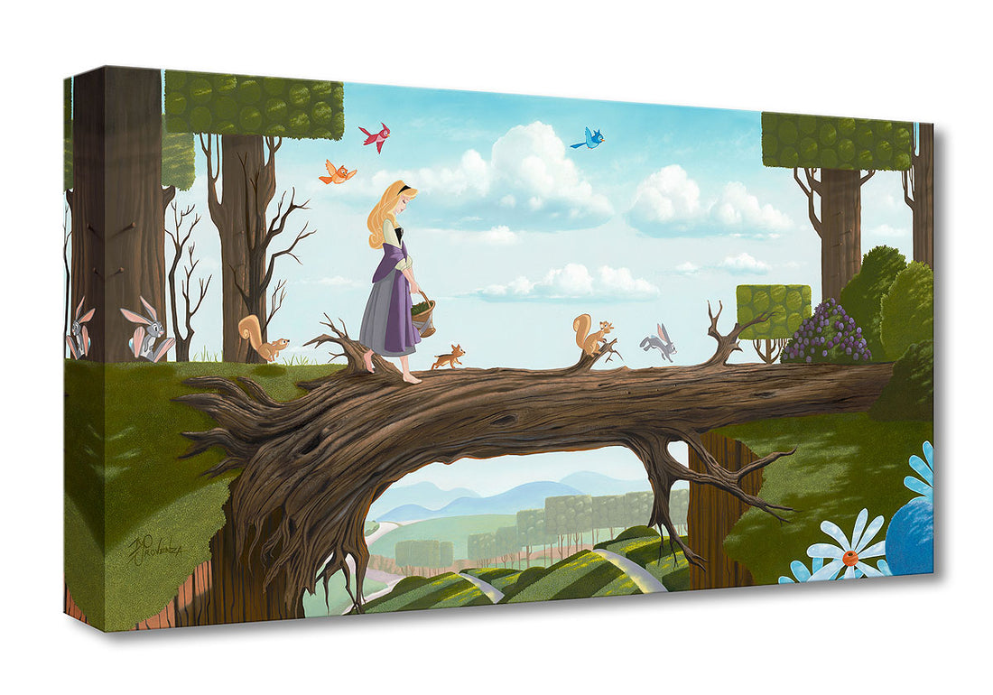 The Natural Bridge By Michael Provenza  Princess Aurora is out on a morning stroll crossing a  wooden fallen tree log, with her forest friends.  Inspired by Walt Disney&