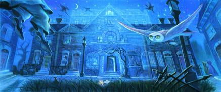The hunting creatures fly around the mansion inthe mist of midnight blue hues night.