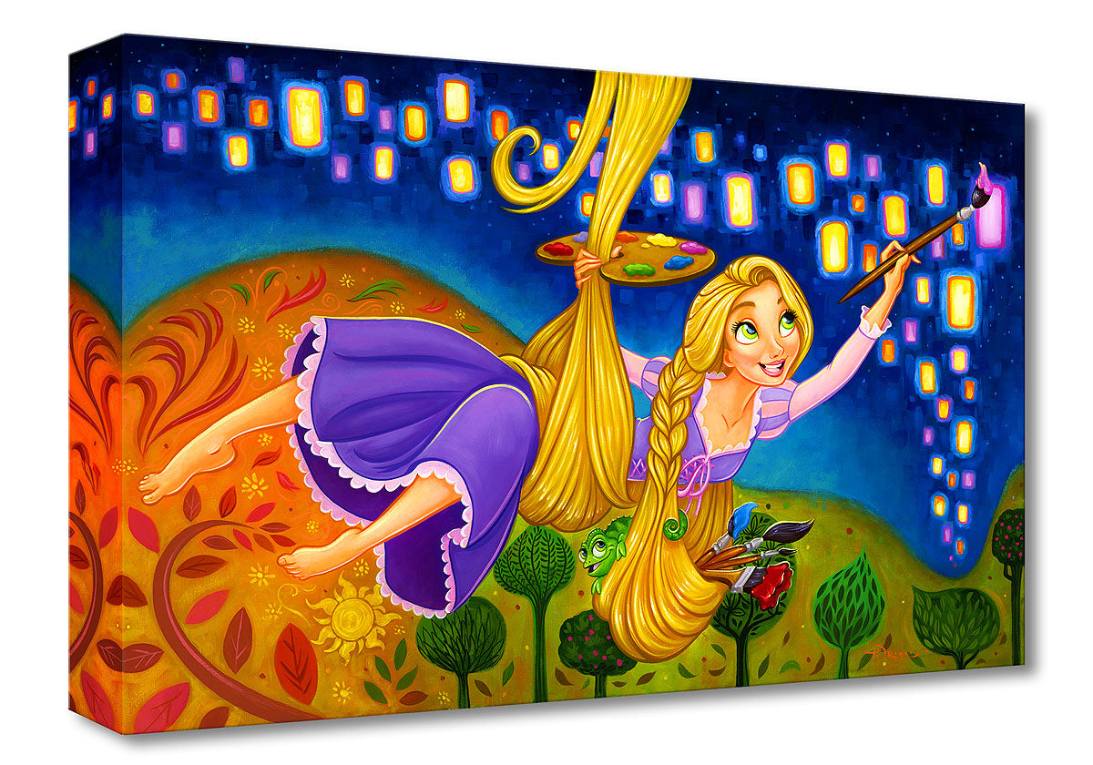 Painting Lights by Tim Rogerson.  Rapunzel, uses her hair as a rope to reach the tower walls, as she paints the lanterns on the mural-ed wall. Inspired by Disney's movie Tangled.