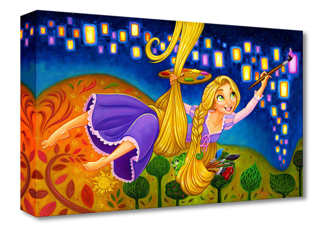 Painting Lights by Tim Rogerson.  Rapunzel, uses her hair as a rope to reach the tower walls, as she paints the lanterns on the mural-ed wall. Inspired by Disney&