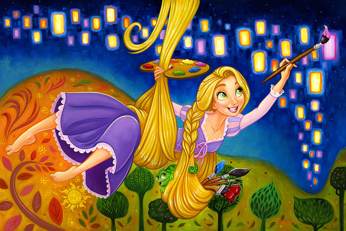 Painting Lights by Tim Rogerson.  Rapunzel, uses her hair as a rope to reach the tower walls, as she paints the lanterns on the mural-ed wall.