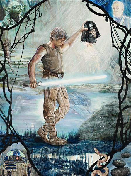 Luke Skywalker walking through the swamp, holding the helmet head of Darth Vader.