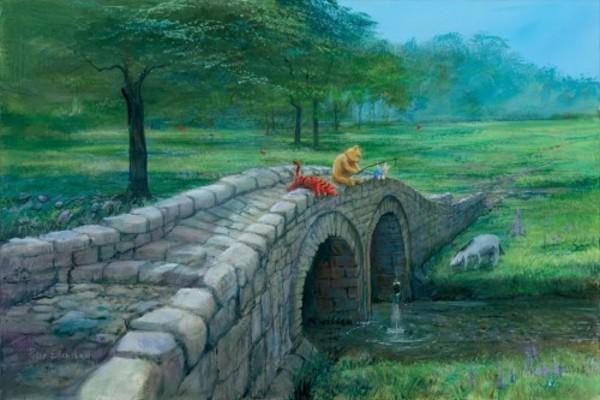 Winnie the Pooh, catches a fish as he sits on the edge of the arched river bridge fishing, as Tigger, Piglet and Eeyore look on.
