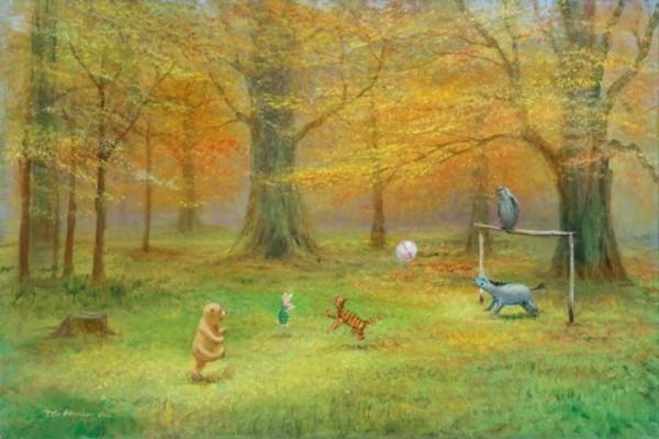 Winnie the Pooh, Tigger, Eeyore, and Piglet are playing ball as Owl watches from the goal post.