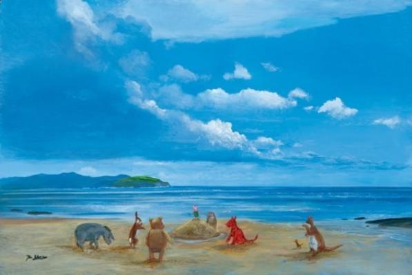 Winnie-the-Pooh, Piglet, Roo, and Rabbit help friends built a sand dome at the beach.