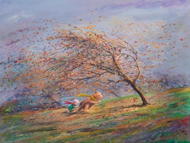 Winnie the Pooh and  Piglet battling the autumn's winds