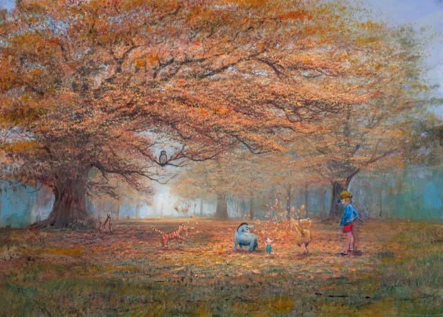 Winnie the Pooh, Tigger, Piglet, Eeyore and Christopher Robin enjoy playing on Autumn day