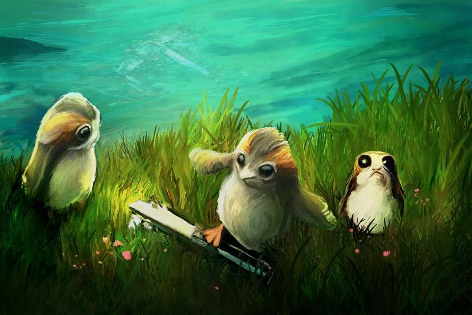 Three Porgs find a lightsaber among the grassy field