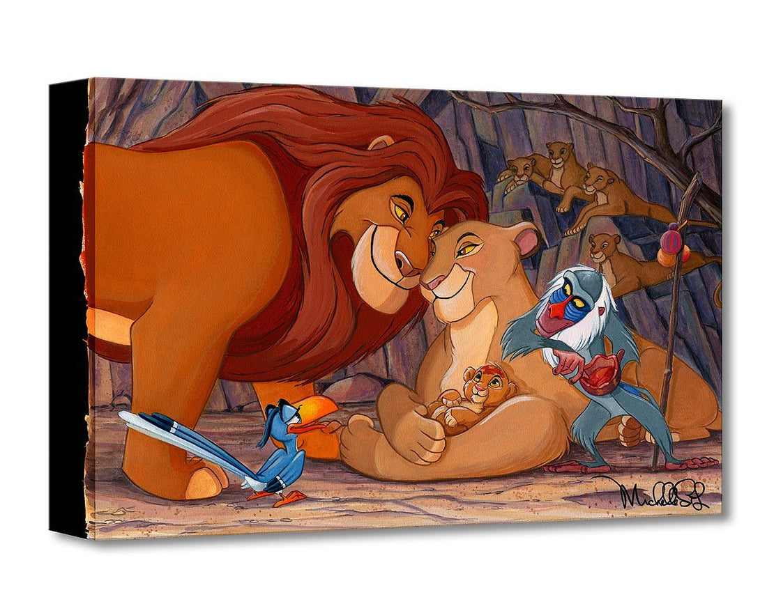 Mufasa, Rafiki and Zazu gather around baby Simba as he is cuddled by his mother Sarabi.