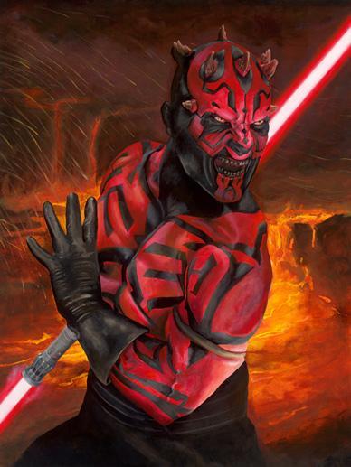 Portrait of Darth Maul with double-bladed lightsaber in hand.