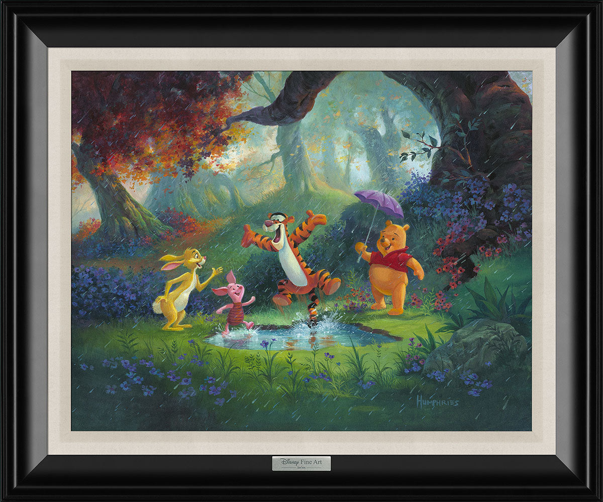 Puddle Jumping by Michael Humphries. Tigger and Piglet, are playing in a large puddle of water, as Rabbit and Winnie the Pooh watch.
