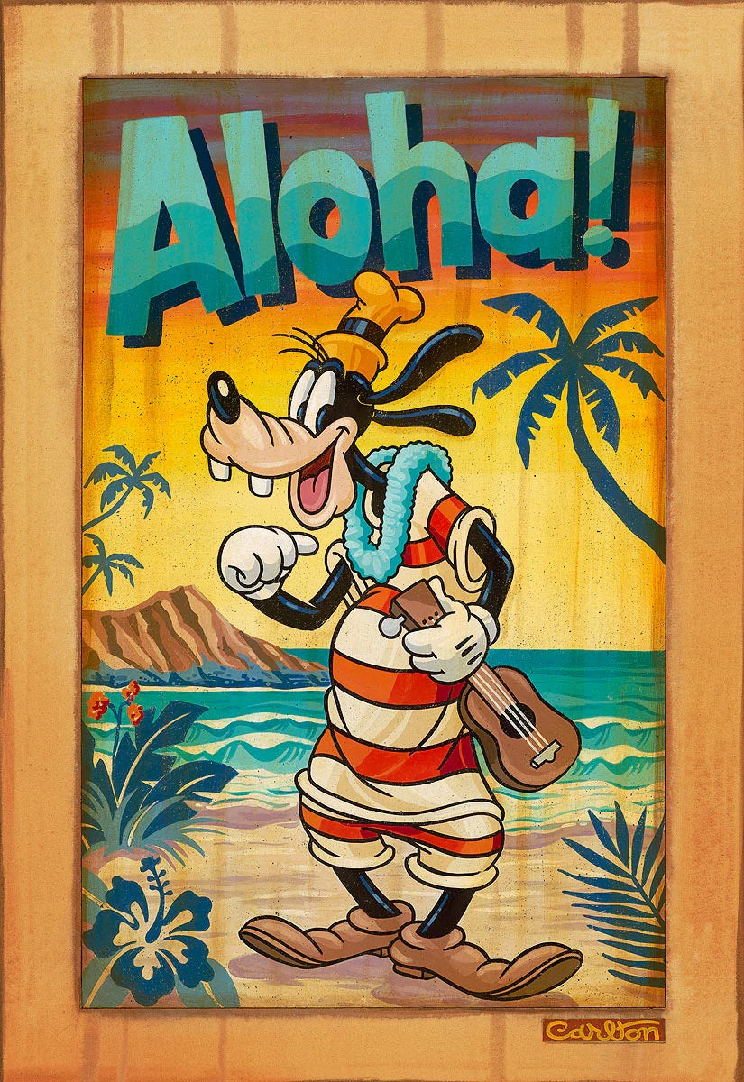 Goofy at his best, wearing a red and white stripe vintage swimsuit.
