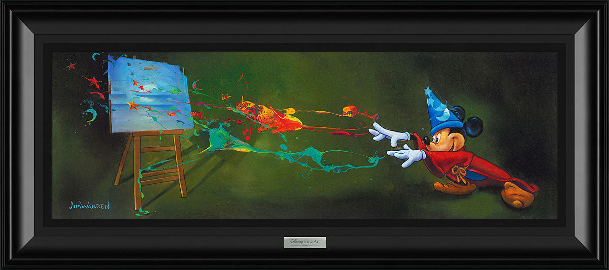Mickey uses his sorcery magic to splash paint on the canvas. 