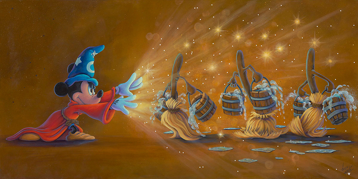 Mickey the Sorcerer makes the brooms and water buckets dance.