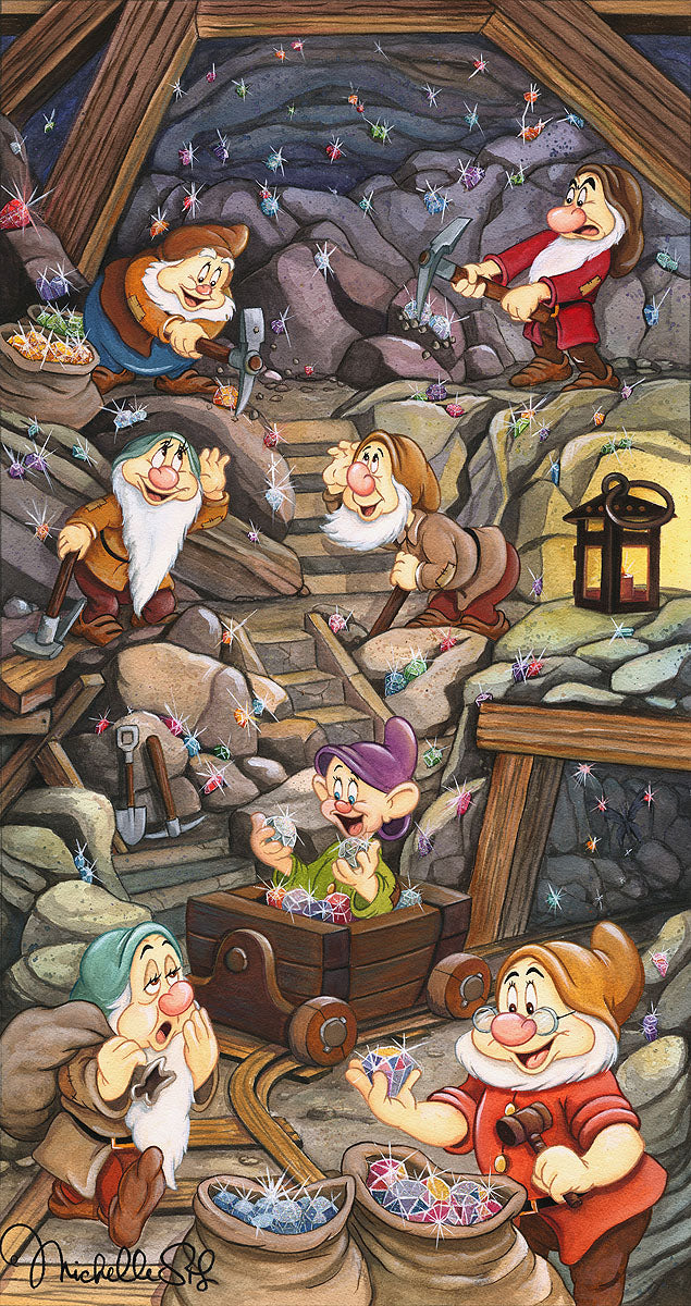 The Seven Dwarfs are in the mine tunnel playing around  as they bask in their new found treasure's gems. 