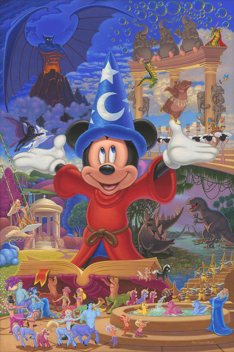 Disney Story of Music and Magic by Manuel Hernandez.    Featuring Mickey the Sorcerer and more than 60 individually illustrated and meticulously hand-painted characters, this intricately detailed tribute is bursting with color! 