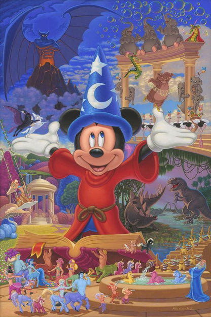 Disney Story of Music and Magic by Manuel Hernandez.    Featuring Mickey the Sorcerer and more than 60 individually illustrated and meticulously hand-painted characters, this intricately detailed tribute is bursting with color! 