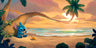 Stitch serenades his little friend the turtle with his ukulele, as they enjoy the sunset at the beach. 
