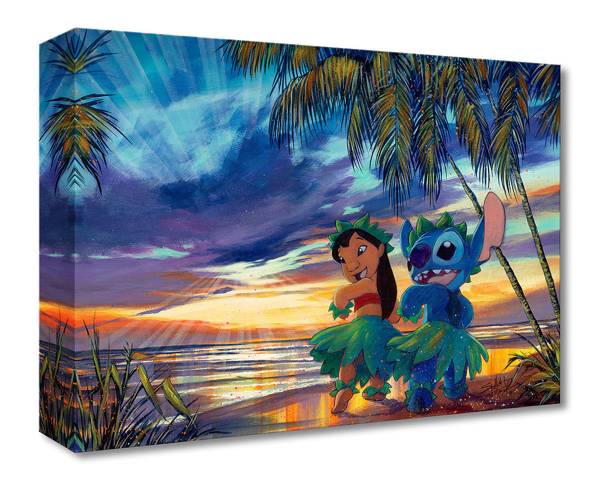 Sunset Salsa By Stephen Fishwick  An evening of grass skirt dancing for these fun-loving pair - Lilo and Stitch as they try their new Hawaiian Salsa dance moves.  Artwork Inspired by Walt Disney Studios&