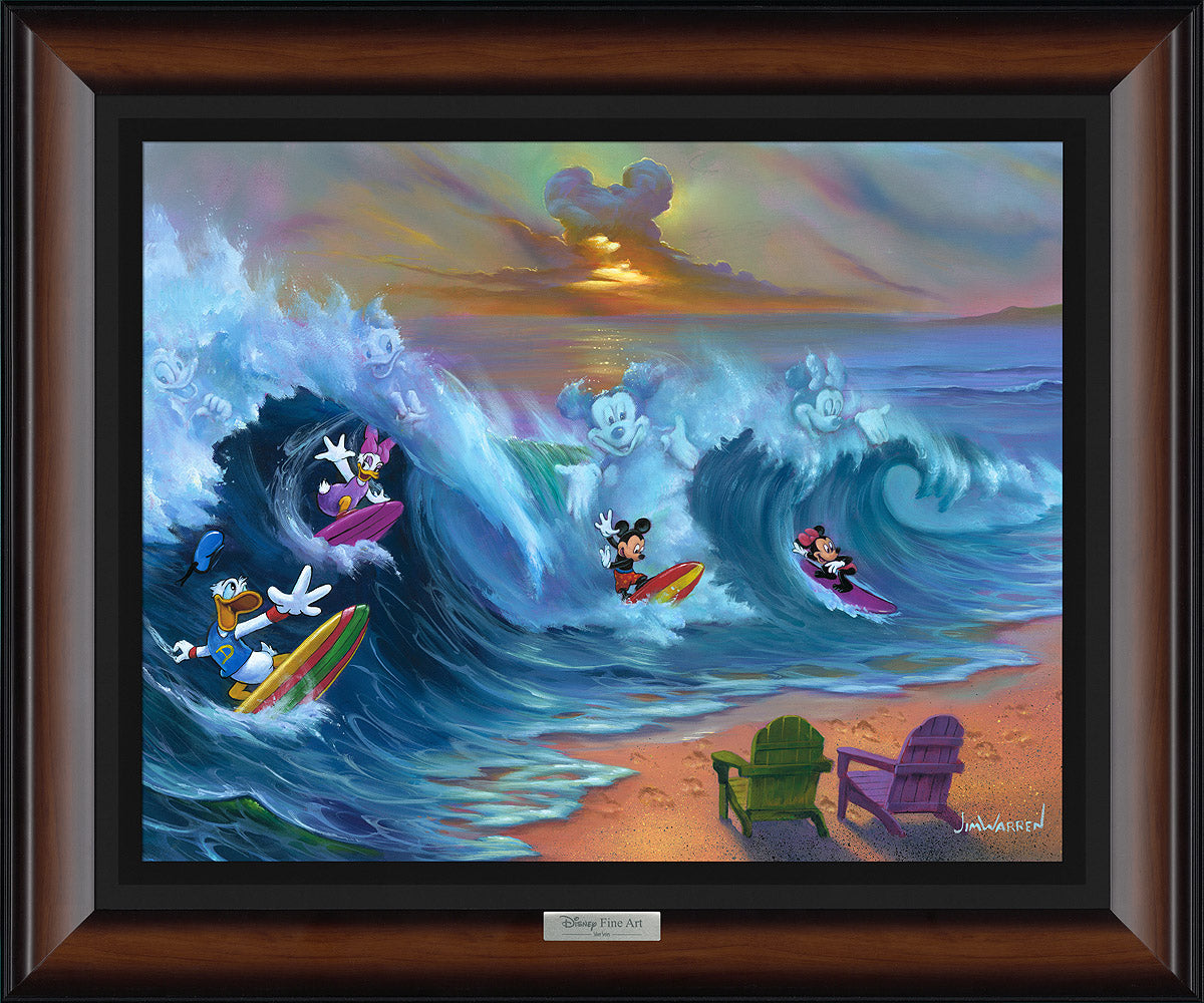 Surfing with Friends by Jim Warren. Mickey, Minnie, Donald, and Daisy having fun surfing, you can also see images of them formed in the waves, the sunset clouds are in the form of Mickey's head.