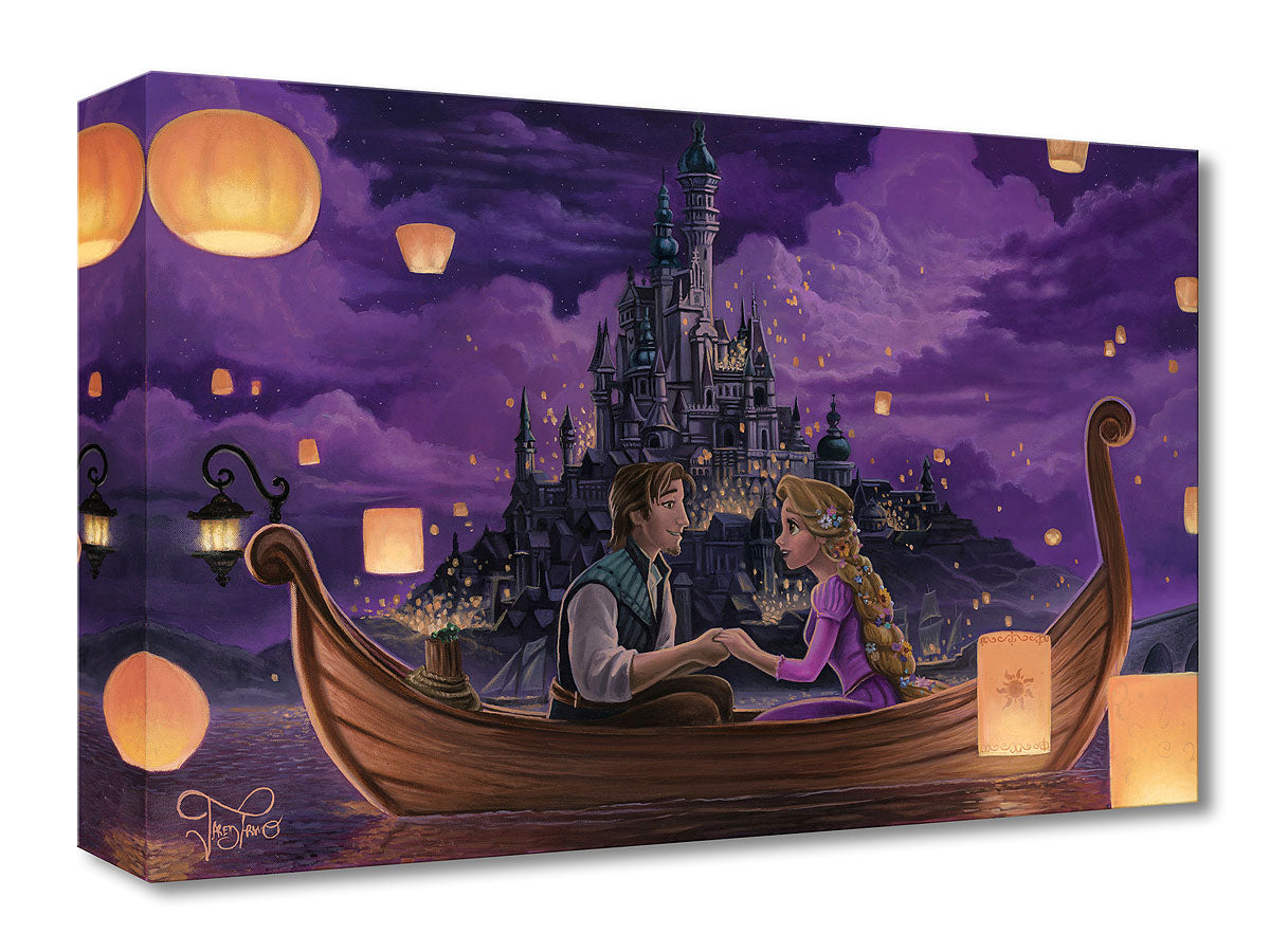 Rapunzel and Flynn share a special moment as they sit holding hands in a boat surrounded by lanterns flowing up into the night's sky, as the kingdom celebrates the annual birthday festival in honor of the lost Princess Rapunzel. Inspired by Disney's movie Tangled.