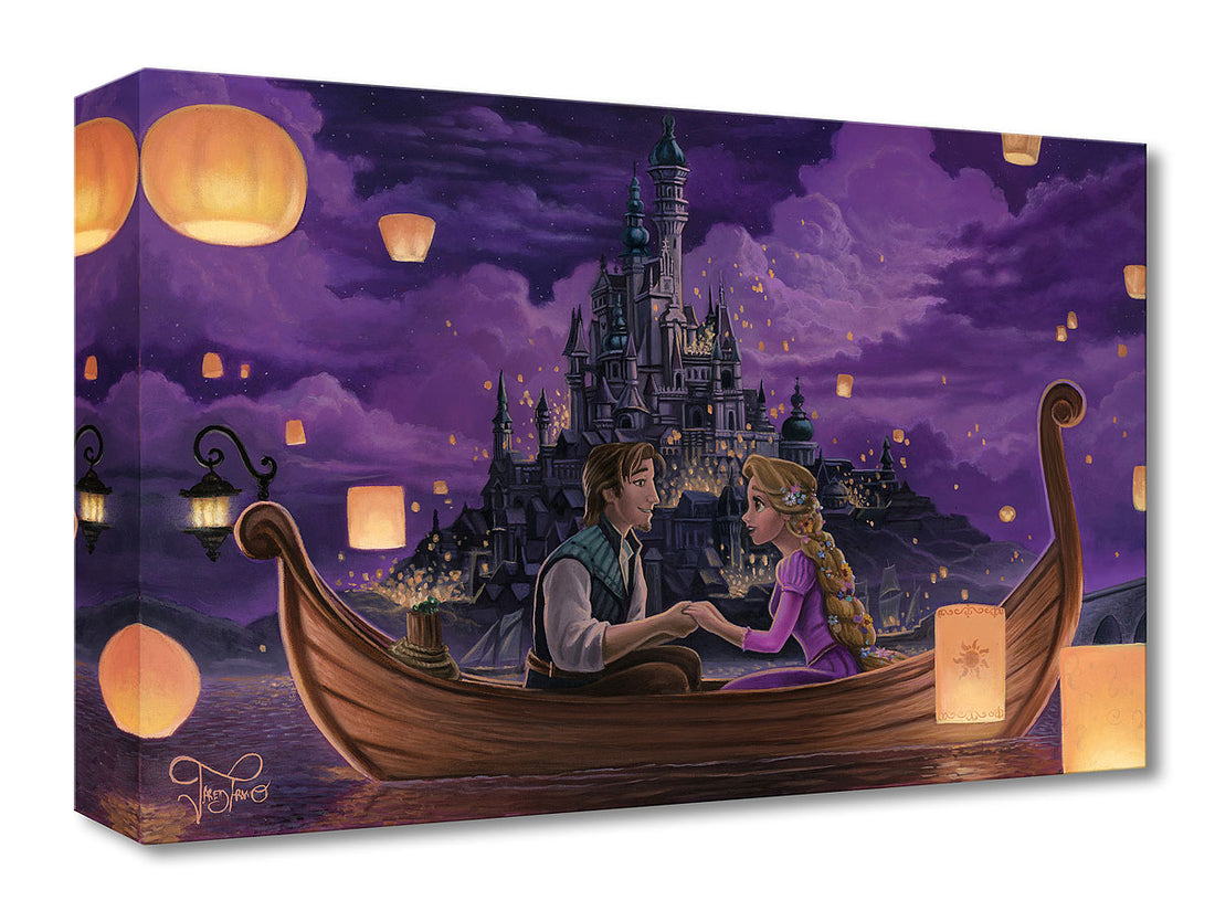 Rapunzel and Flynn share a special moment as they sit holding hands in a boat surrounded by lanterns flowing up into the night&