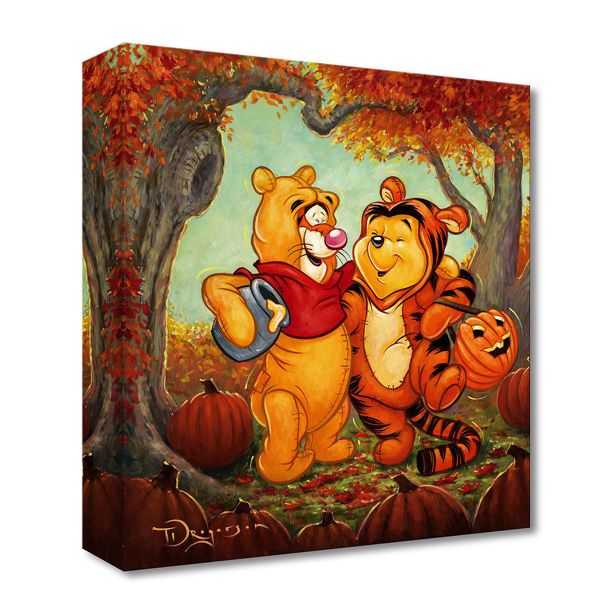 Friendship Masquerade by Tim Rogerson.   Winnie the Pooh and Tigger giggling as they dress-up in each others look alike costumes, ready for the big Halloween Trick or Treating night.