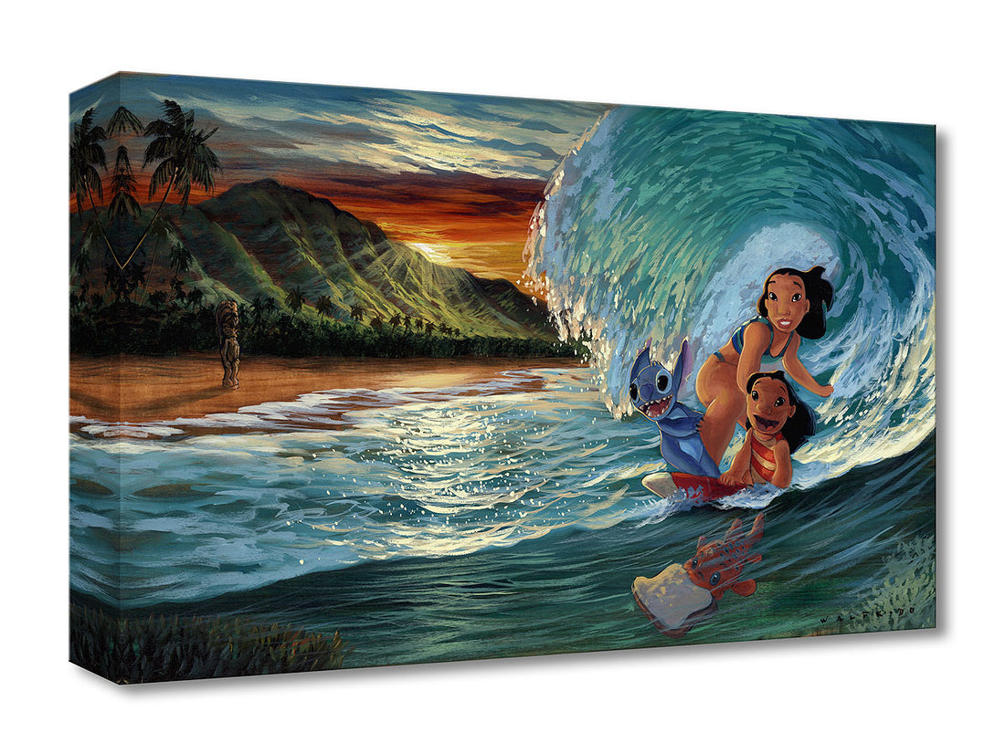 Lilo, Stitch and friend enjoy a morning ride on their surf board.