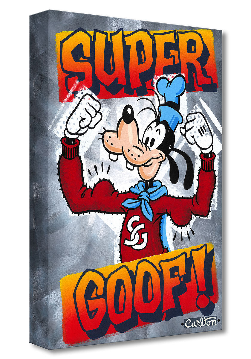 Super Good! by Trevor Carlton.  Goofy, is showing off his muscles in a red sweater and blue cape.