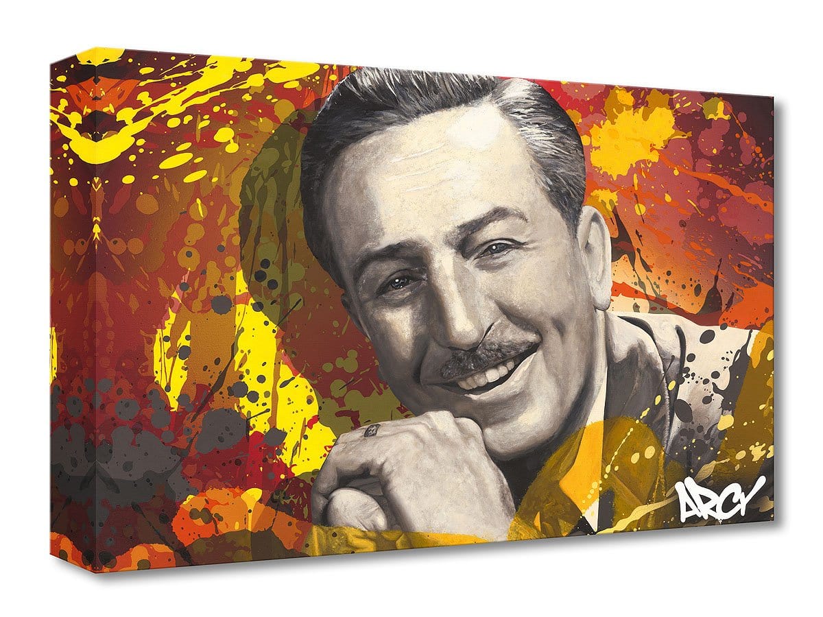 Walt Disney by Arcy  A sepia-tone portrait of Walt Disney, with a colorful backdrop. 