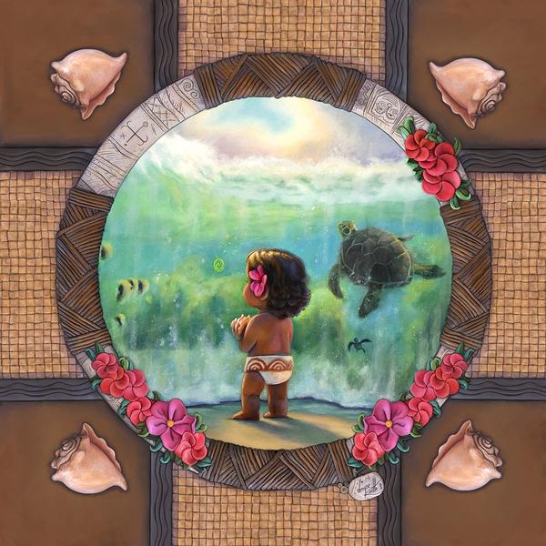 Features a younger Moana, watching the sea turtle swim beneath the sea, a poignant moments from Disney's Moana.