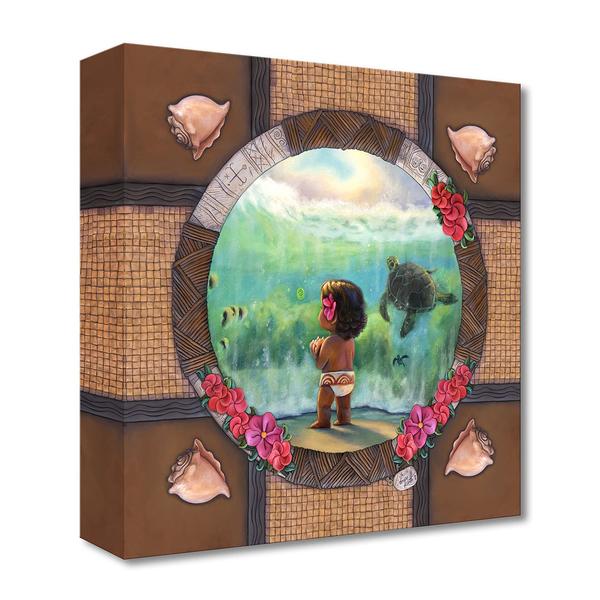 Features a younger Moana, watching the sea turtle swim beneath the sea water, a poignant moments from Disney&