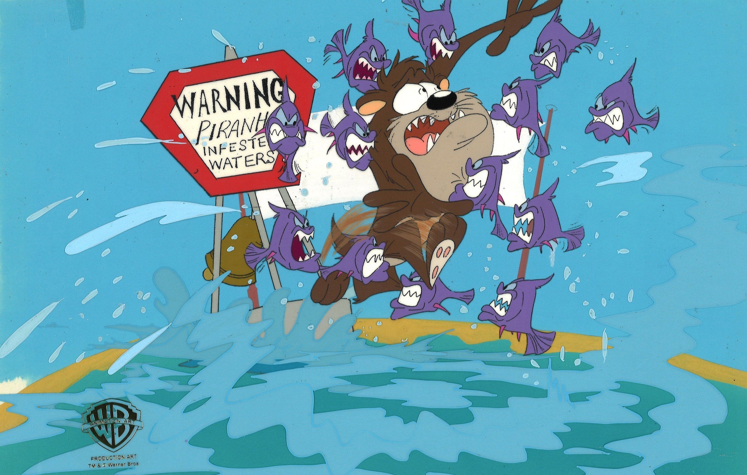 Ignoring the "Warning" sign puts Taz is in deep water - surrounded by a spool of hungry piranhas.