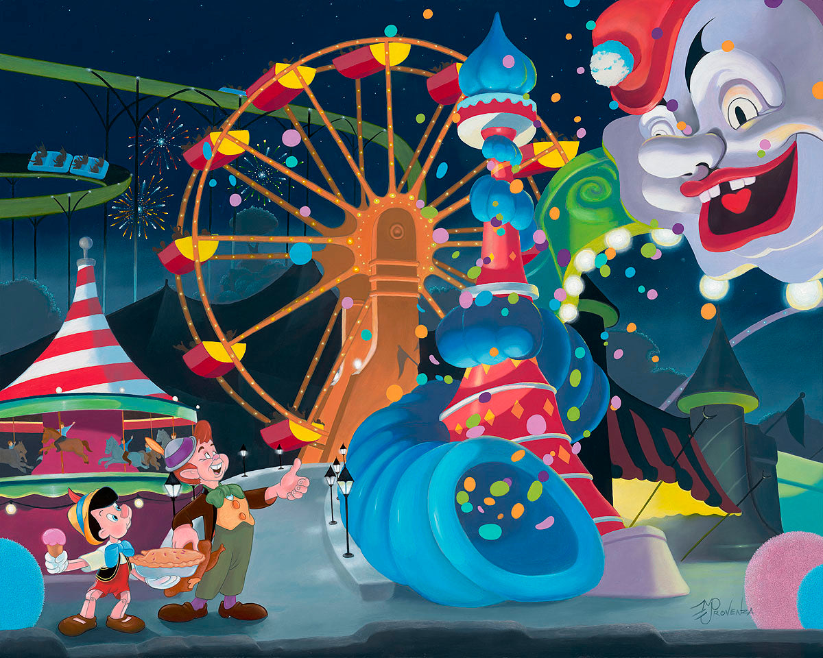 Pinocchio and his friends look amused by the carnival attractions.