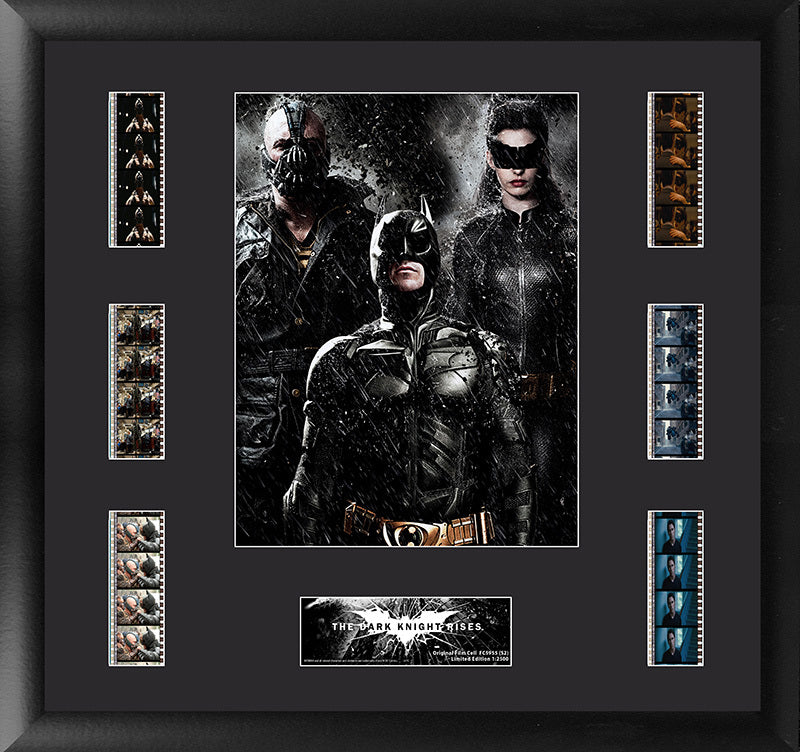 features a collage of the film’s major characters: Batman, the Cat, and Bane.