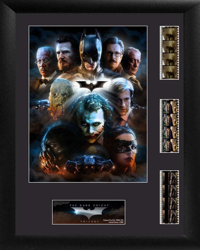The Dark Knight Trilogy (Character Collage) “It’s not who I am underneath, but what I do that defines me.” Relive Christopher Nolan’s Dark Knight trilogy with this limited edition FilmCells™ presentation that features a collage image of the trilogy’s heroes and villains, a certificate of authenticity, and three strips of real 35mm film from the movies. Size 14" x 18" Black MDF Frame