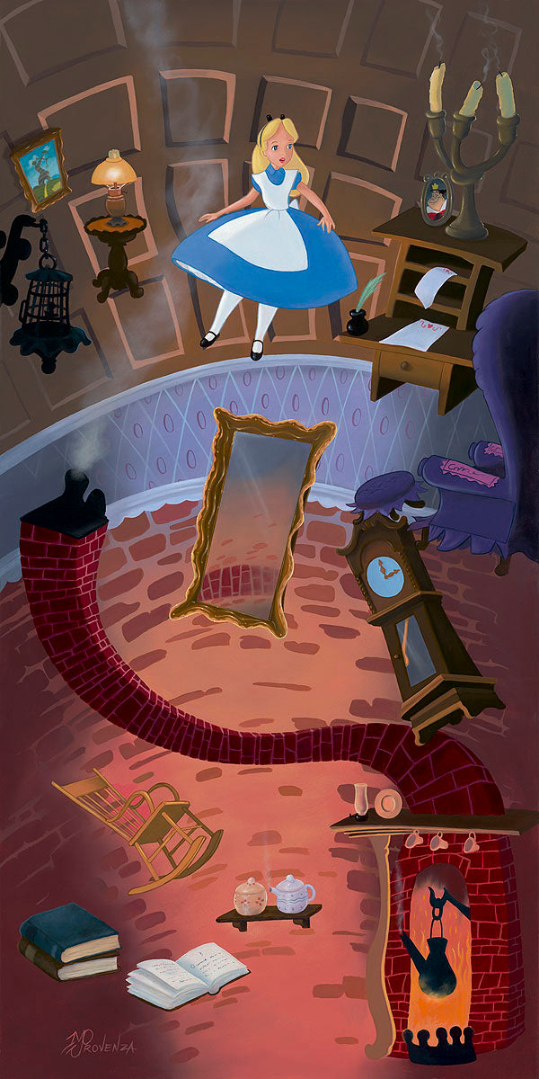 Alice floating in the rabbit hole surrounded by chaos.