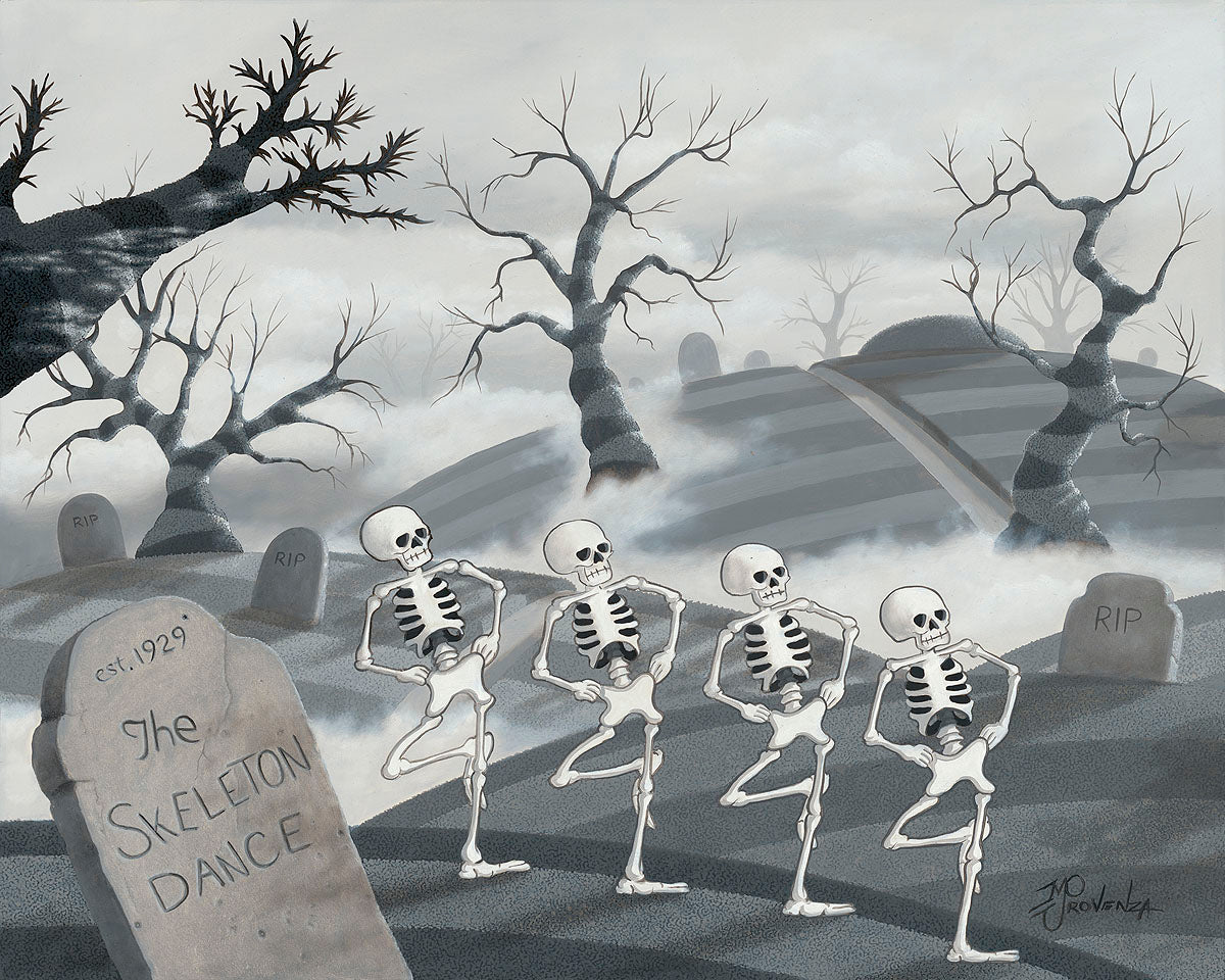 The Skeleton Dance By Michael Provenza  The Skeletons are dancing and playing music by using each other as instruments, the skeletons party until the rising of the sun, where they frantically rush back into their graves, forming a skeletal chimera to get back faster. at the cemetery